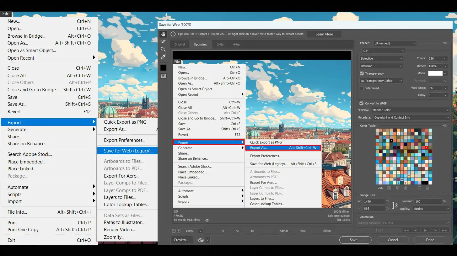 A screenshot of Photoshop's "Save for Web" legacy feature, displaying settings for image optimization before web uploads