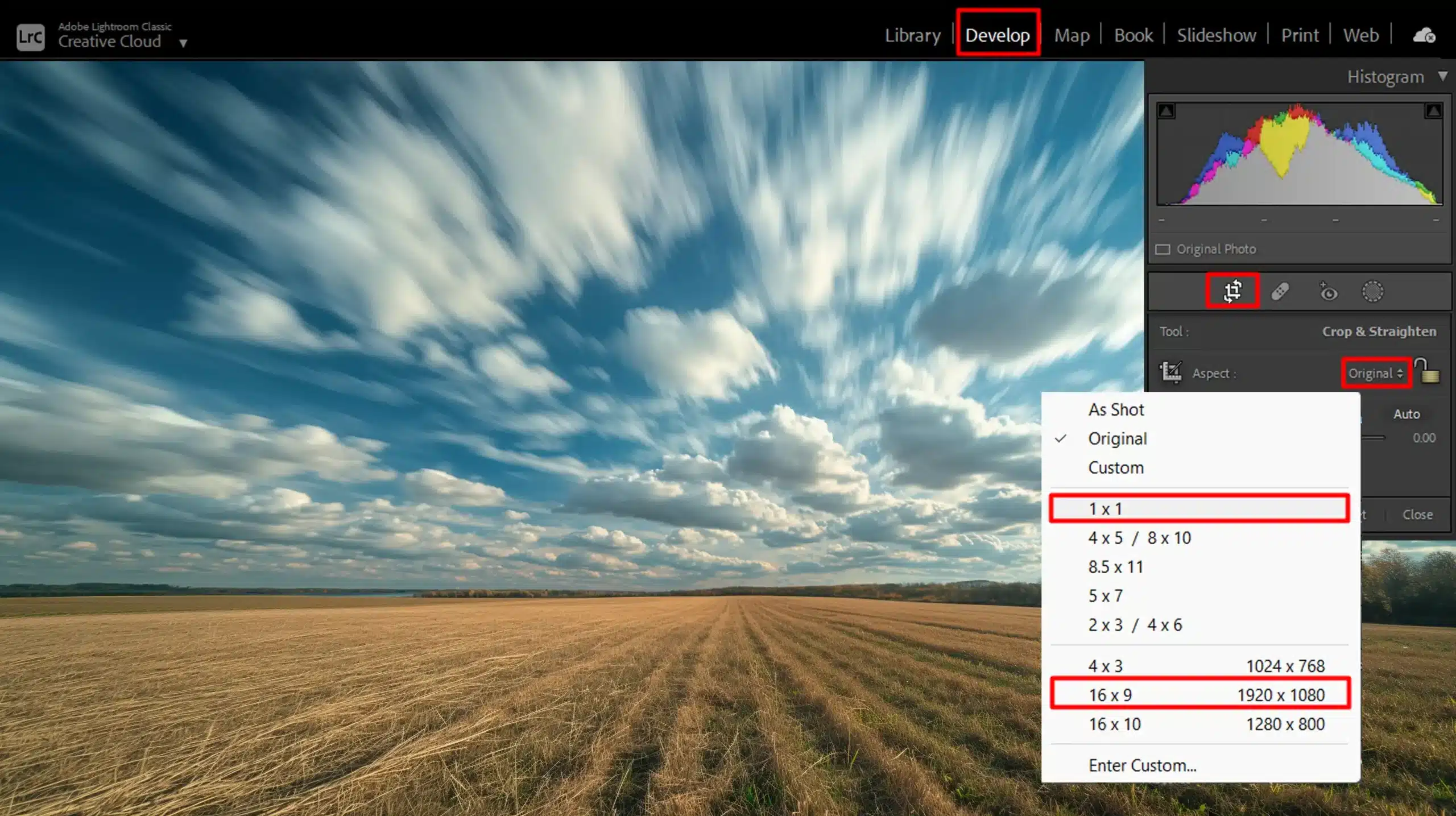 Lightroom aspect ratio settings for cropping images