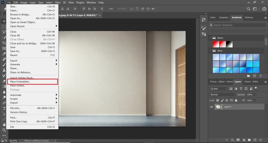 Photoshop interface showing a clean wall with the 'Place Embedded' option highlighted in the File menu.