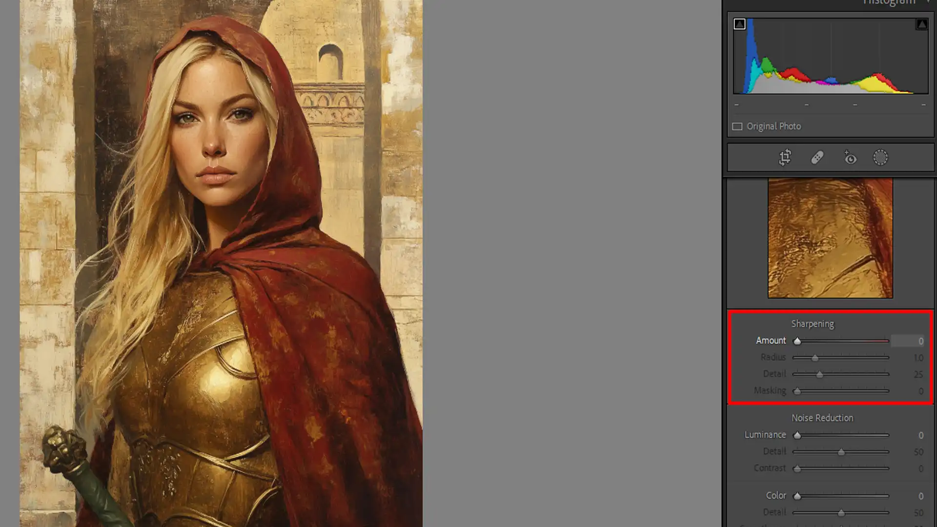 A side-by-side Lightroom interface showing the "Sharpening" panel with a woman in armor on the left, focusing on the adjustment of the "Amount" slider.