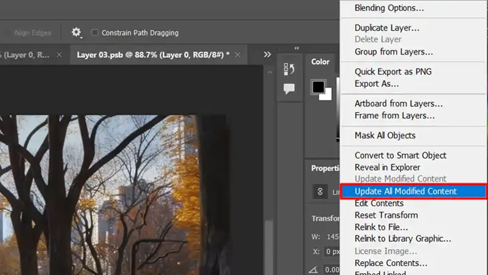 Screenshot showing how to update all modified content in linked smart objects in Photoshop
