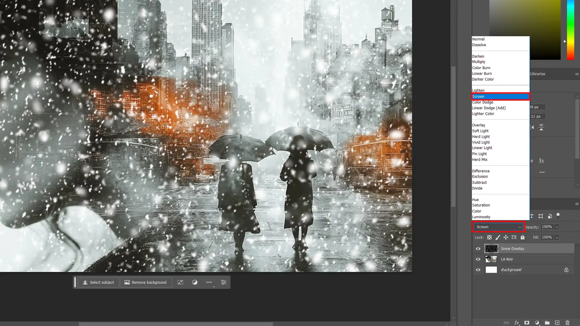 A screenshot of Photoshop with a snow overlay applied to a cityscape image, highlighting the use of the Screen blending mode.