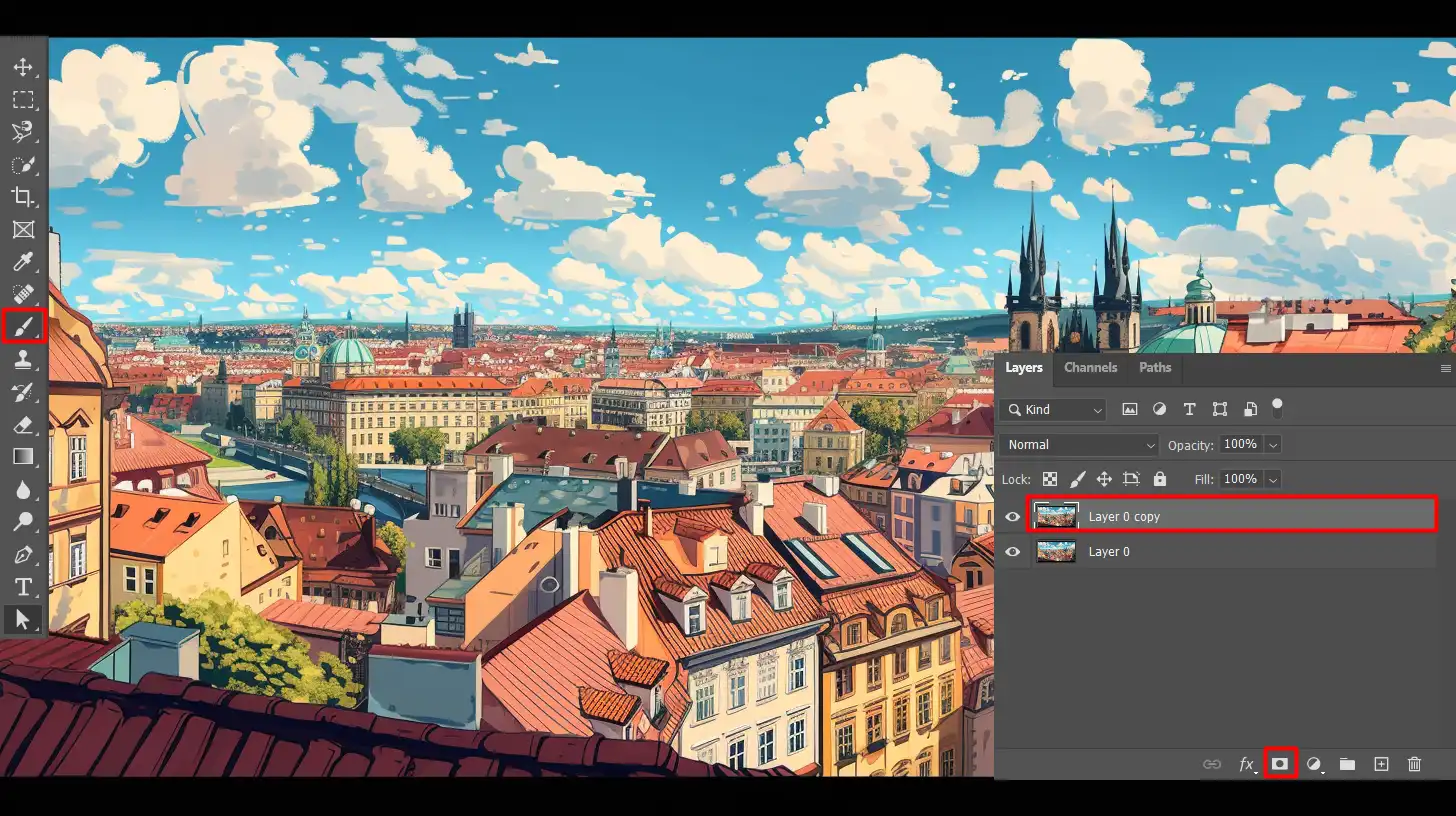 A screenshot displaying Photoshop's layers panel with a layer mask applied, alongside the brush tool selected for masking adjustments