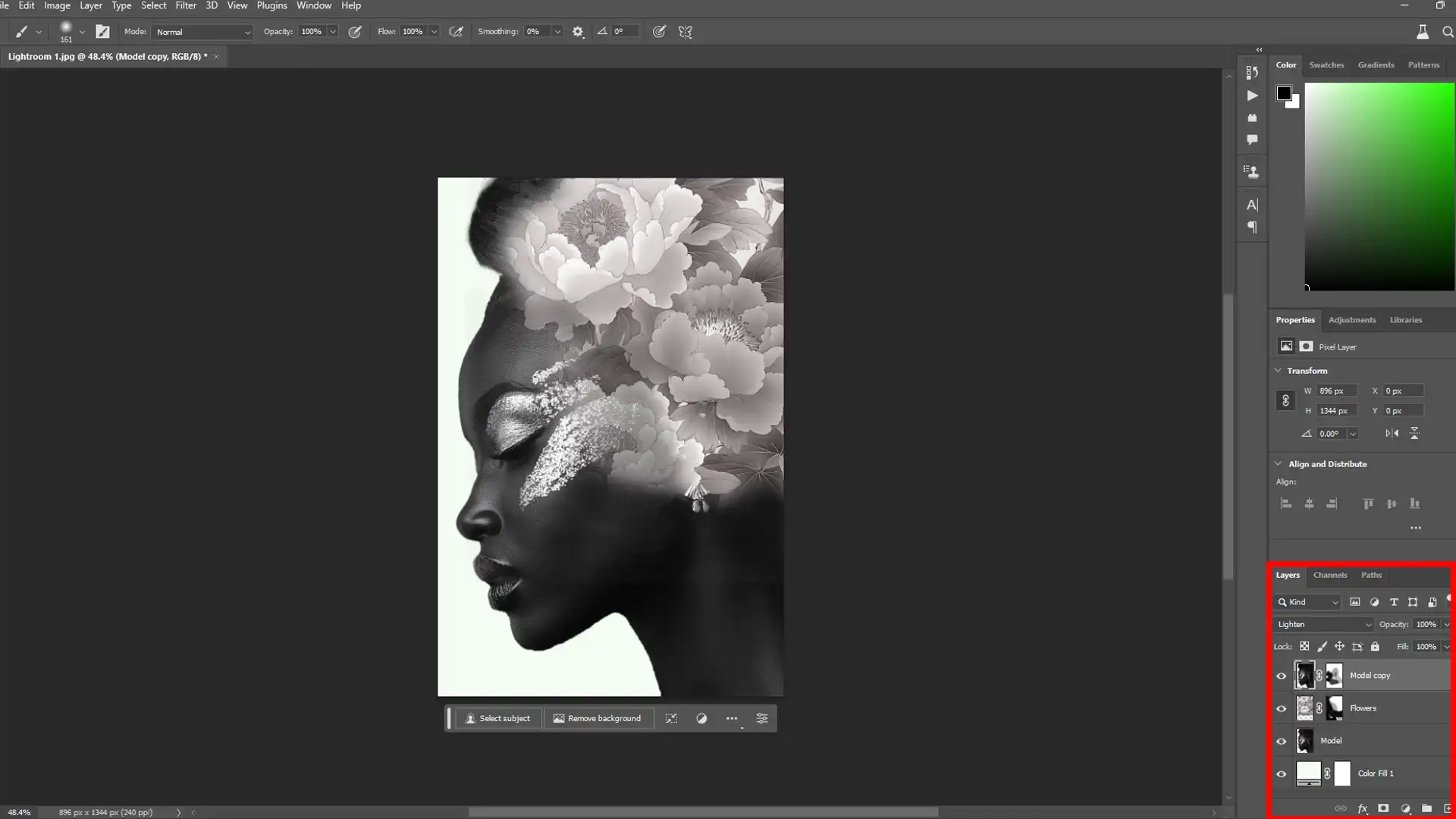 Photoshop workspace showing the use of masks and layers to edit a portrait with floral elements.