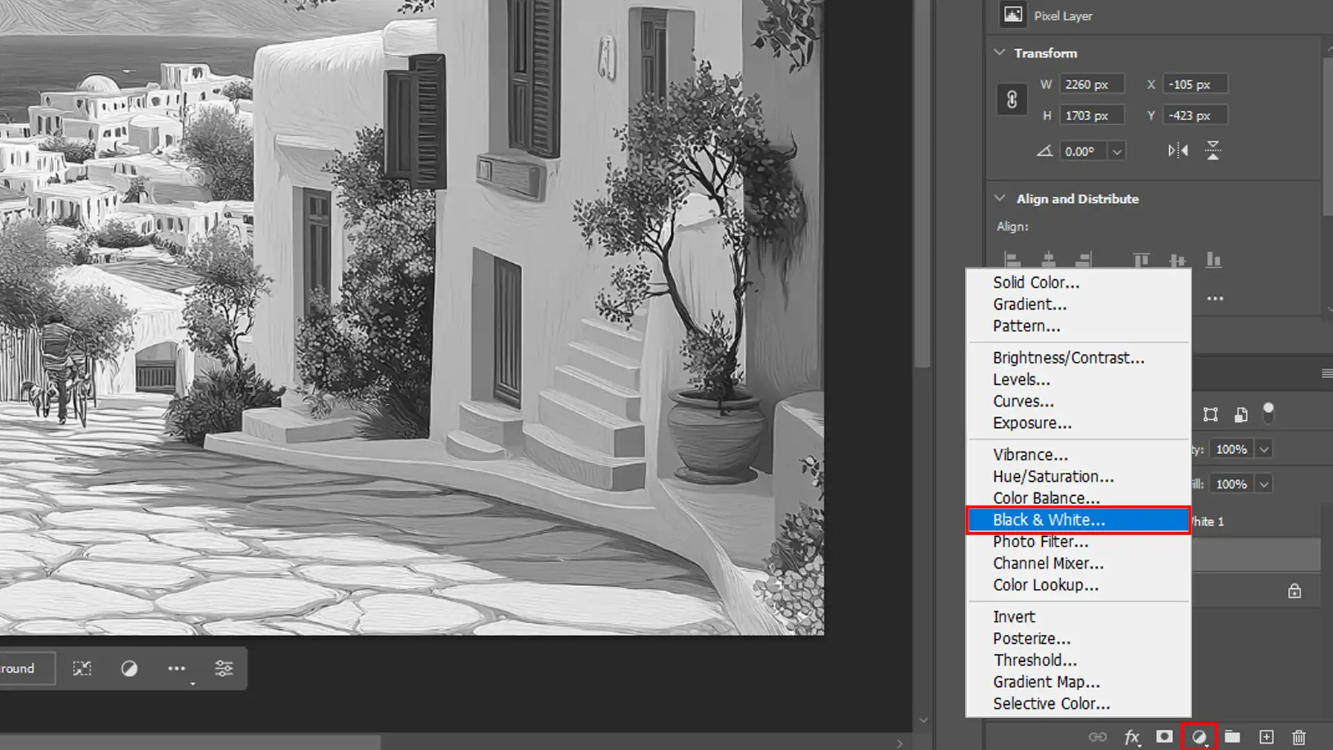 "Applying the Black and White adjustment layer in Photoshop for black and white images convert."