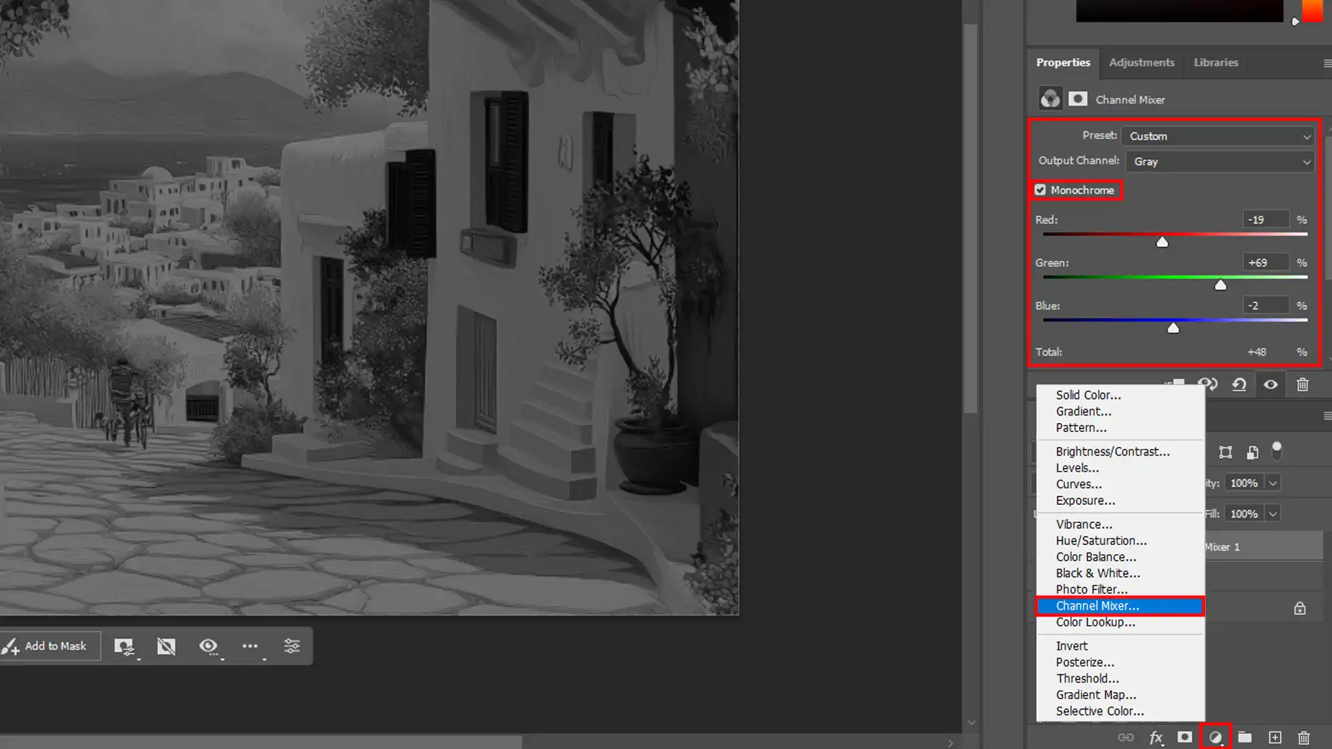 Using the Channel Mixer for black and white images convert in Photoshop.