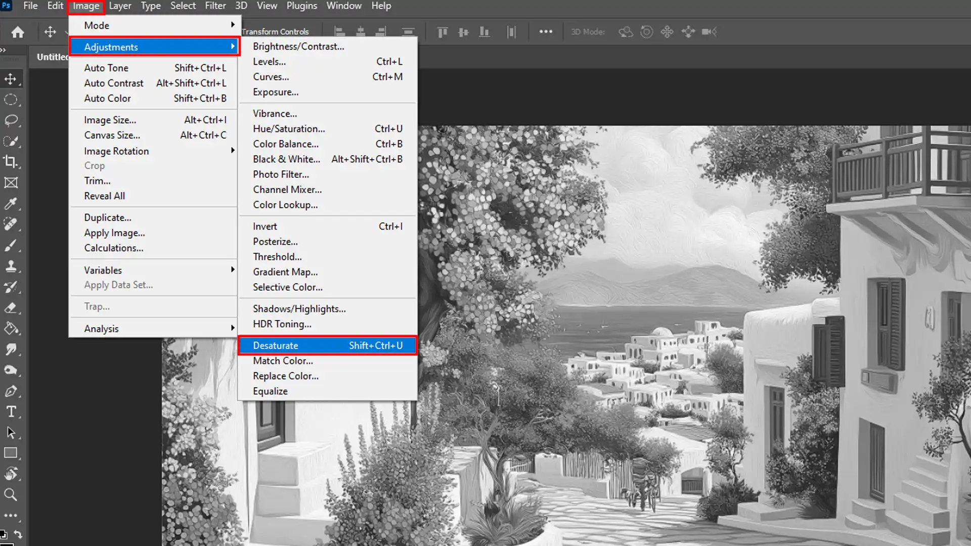 Desaturating an image in Photoshop to convert it to black and white.