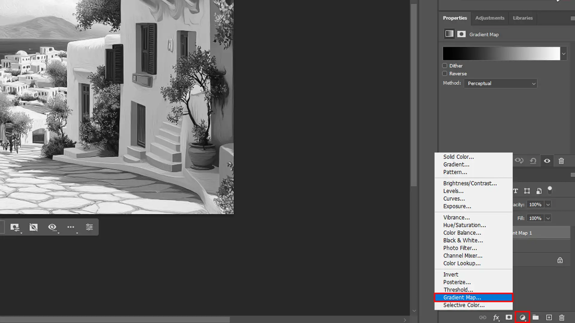Using Gradient Map in Photoshop for black and white images convert.