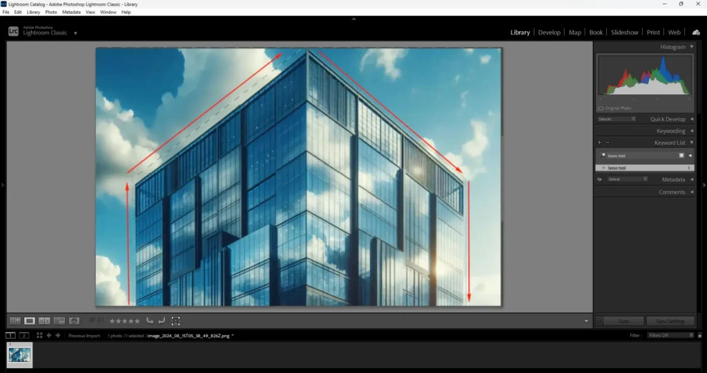 Screenshot of Adobe Lightroom showing the Polygonal device used to select a modern glass building.