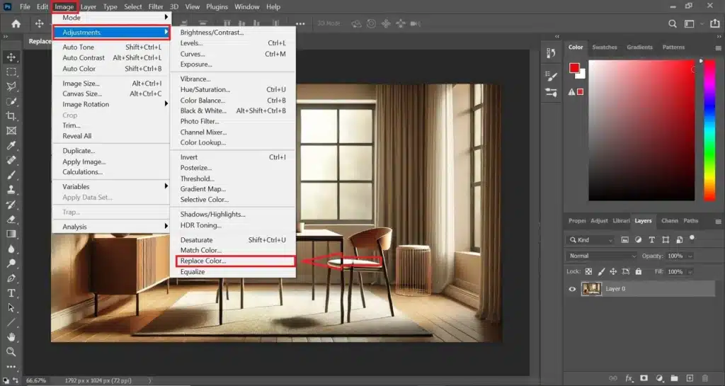 Photoshop interface demonstrating the use of the Replace Color tool in Photoshop on an image of a room with a table and chair.