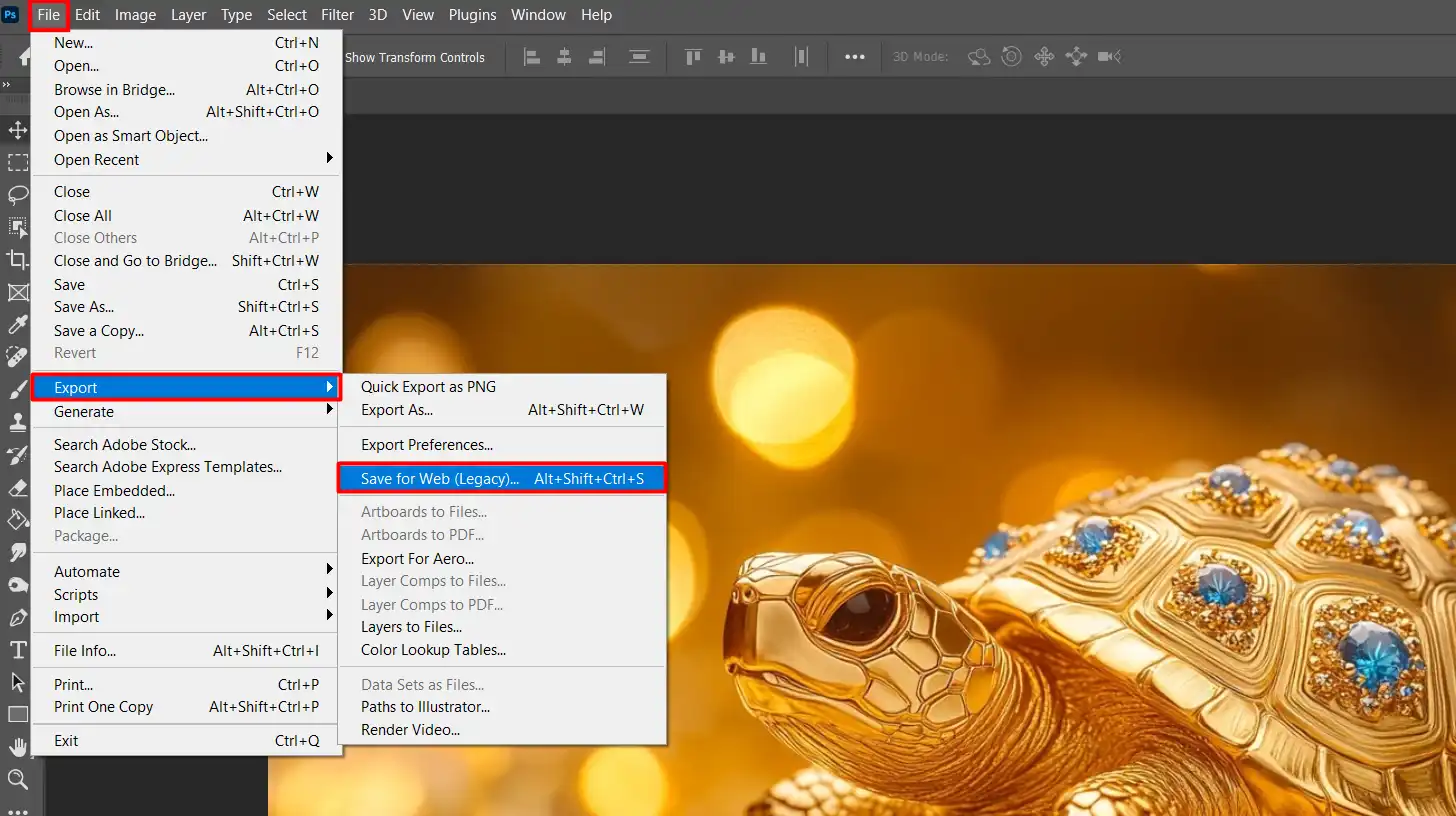 The Export option in the File menu of Photoshop, with "Save for Web (Legacy)" highlighted.
