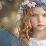 Portrait of a girl in a floral headpiece with a split-screen effect showing cool tones on the left and warm tones on the right, edited using Lightroom white balance adjustments.