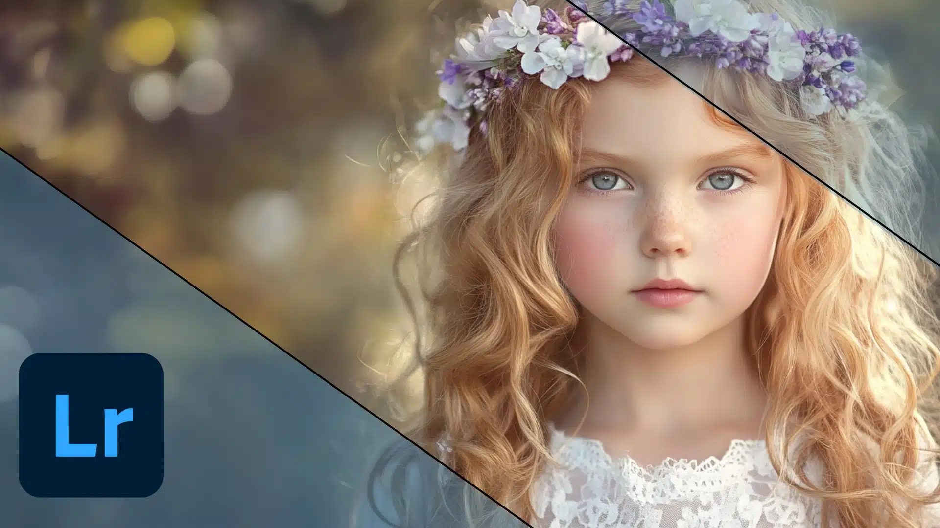 Portrait of a girl in a floral headpiece with a split-screen effect showing cool tones on the left and warm tones on the right, edited using Lightroom white balance adjustments.