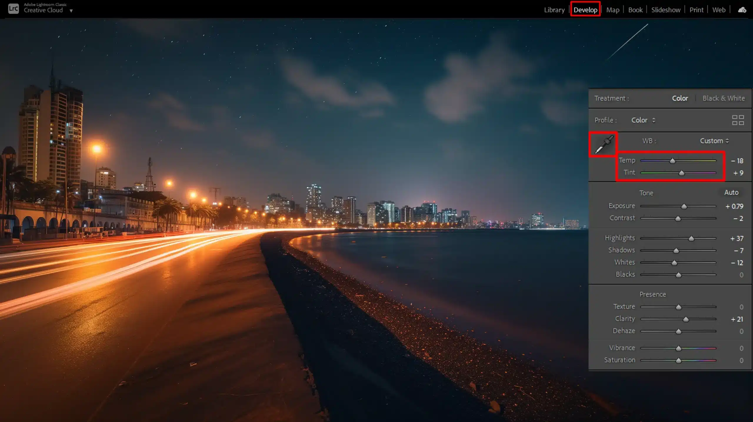 graphic design software white balance adjustments for correcting color tones in nocturanl imaging, featuring temperature and tint adjustments