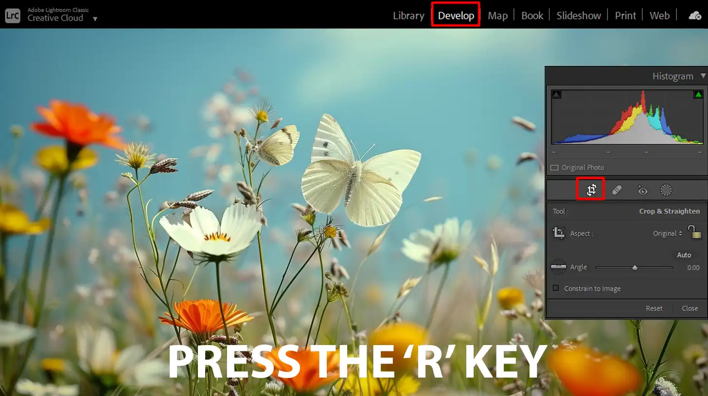 Illustration of the Lightroom Crop Shortcut, emphasizing the 'R' key for quick access to crop mode in Adobe Lightroom Classic