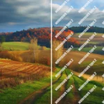 A comparison of two images showing different watermark styles applied to a landscape. The left side features a subtle watermark, while the right side shows a more prominent watermark applied across the image.