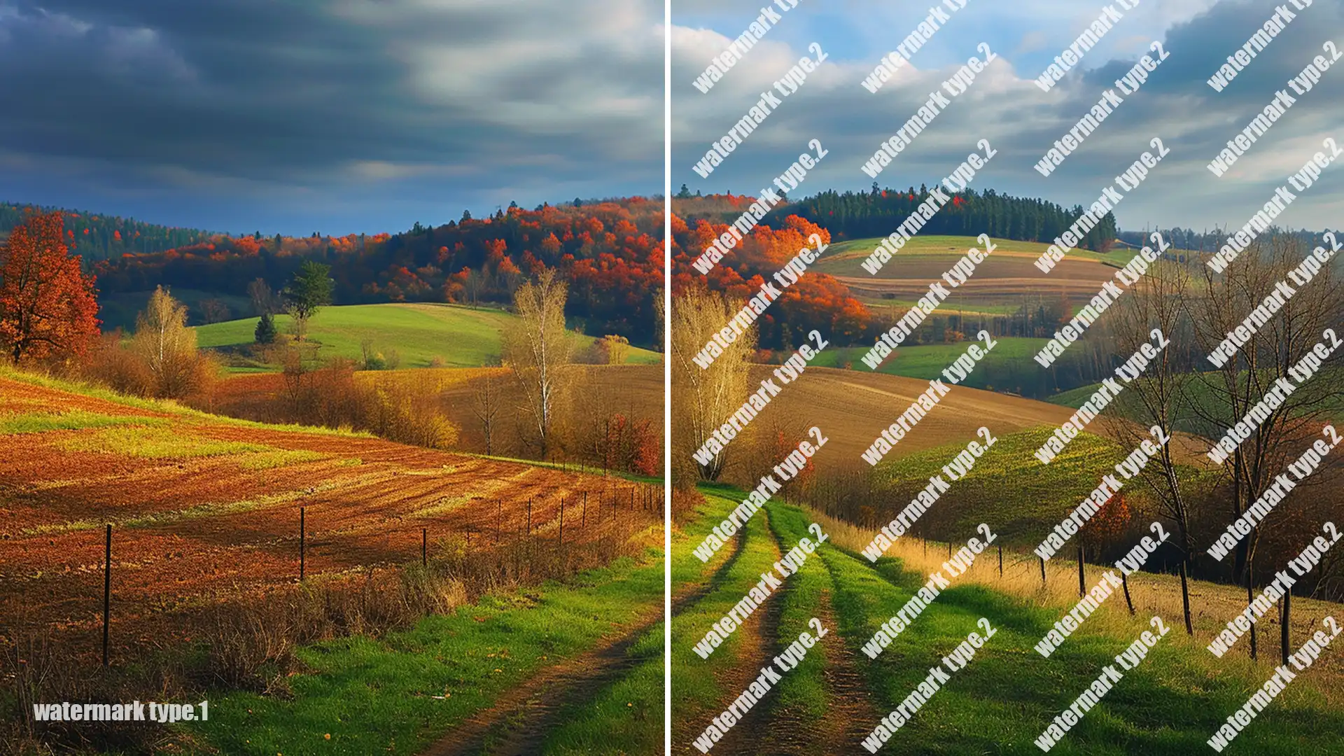 A comparison of two images showing different watermark styles applied to a landscape. The left side features a subtle watermark, while the right side shows a more prominent watermark applied across the image.