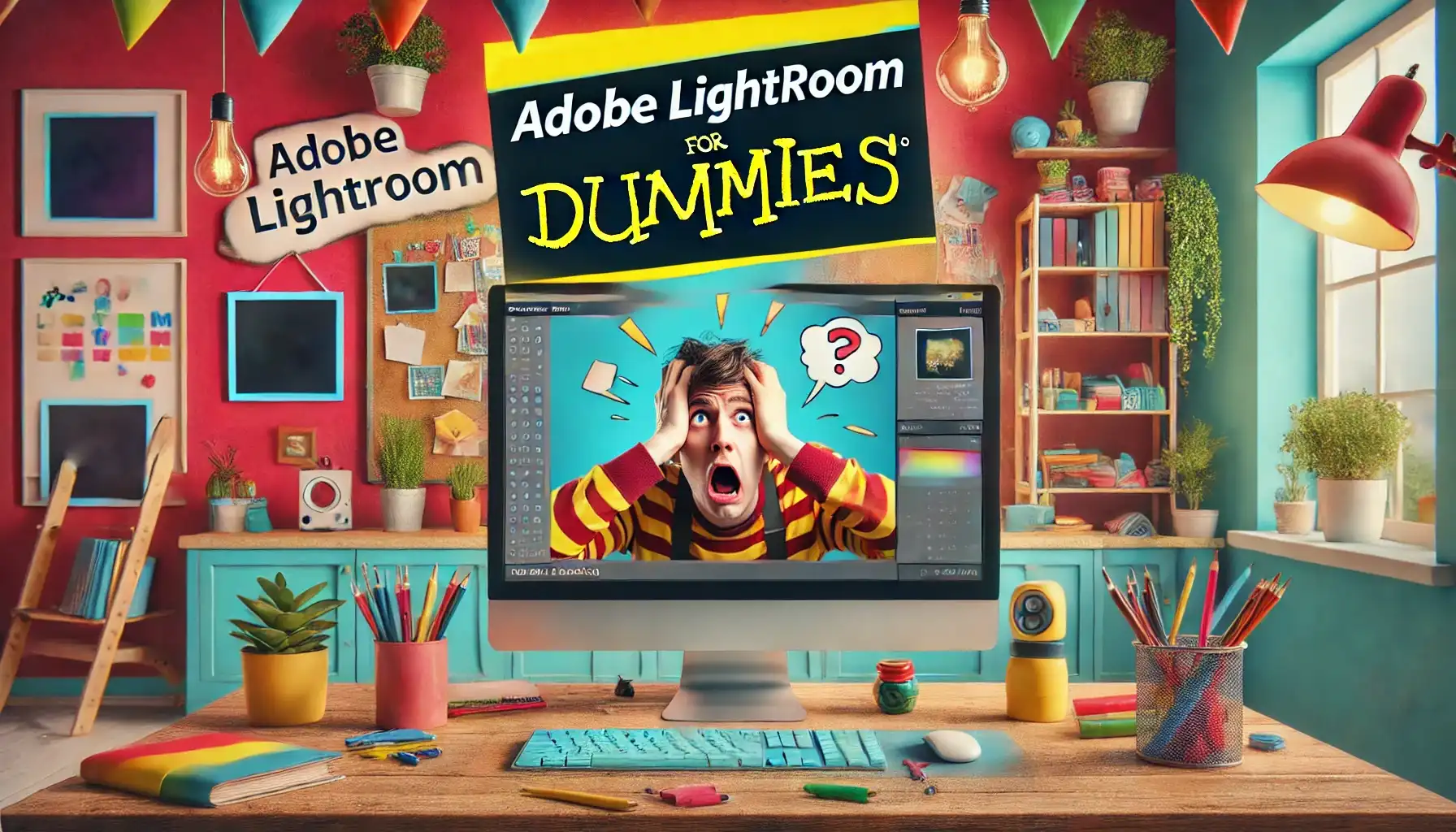 A confused and upset beginner struggles with Adobe Lightroom, depicted in a colorful and playful workspace. The vibrant scene symbolizes the learning curve of 'Adobe Lightroom for Dummies,' featuring creative elements like plants and art supplies, while the Lightroom interface adds to the humorous frustration of the situation.
