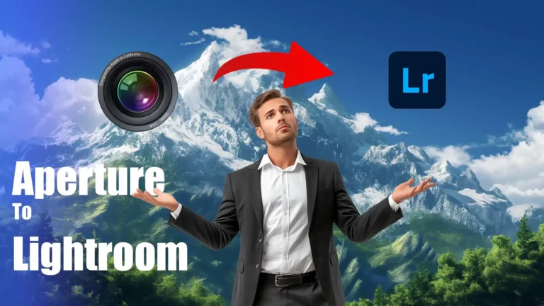 Transitioning from Aperture to Lightroom with a visual representation of a man looking up at icons of Aperture and Lightroom.