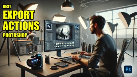 Photographer using Photoshop to edit images on a desktop, showcasing export actions in Photoshop for efficient workflow.
