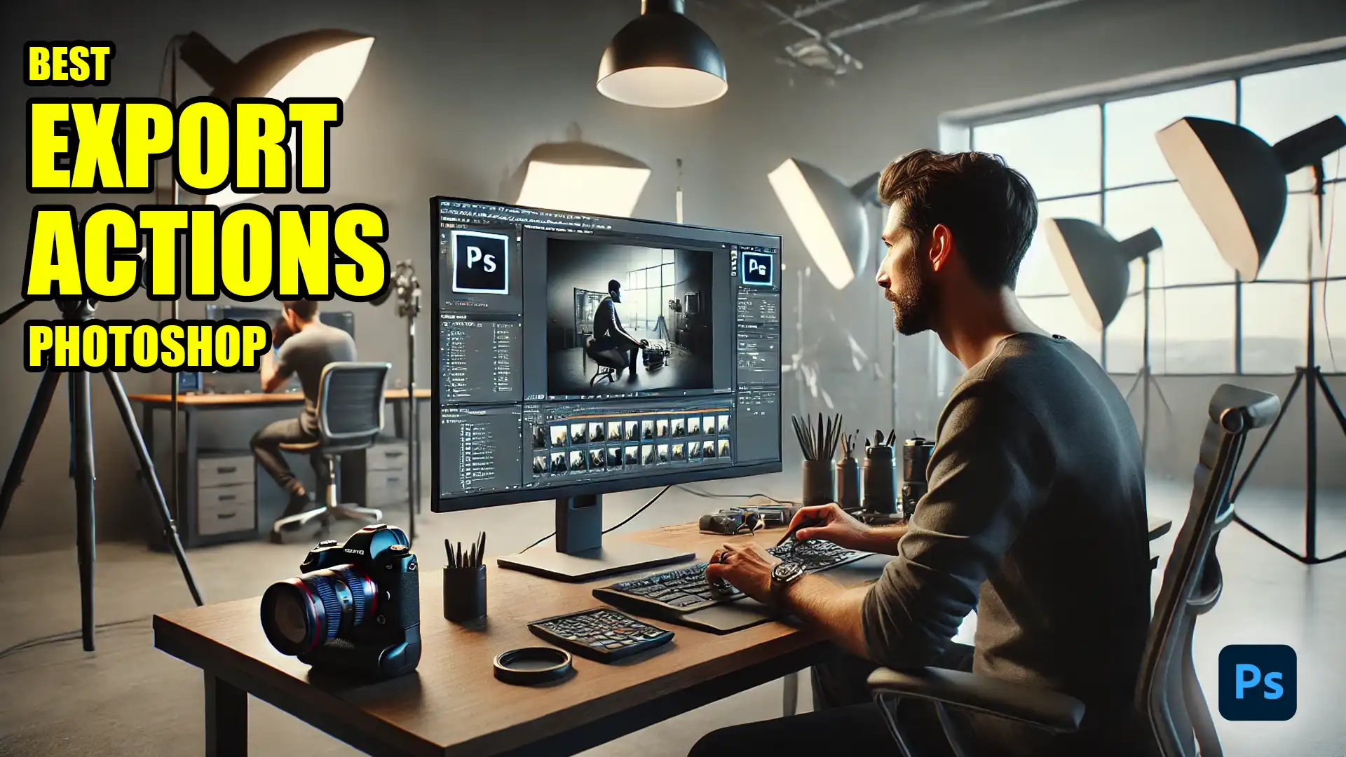 Photographer using Photoshop to edit images on a desktop, showcasing export actions in Photoshop for efficient workflow.