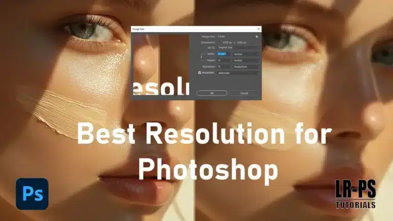 Close-up of a woman's face with a Photoshop Image Size dialog box overlay, illustrating the concept of best resolution settings in Photoshop