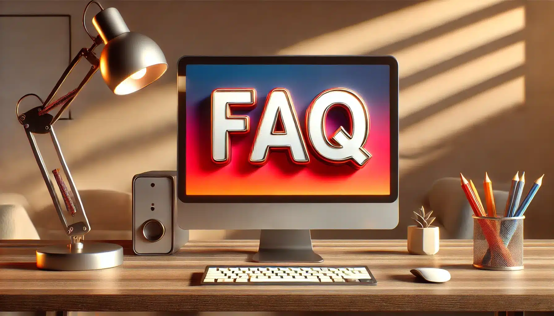 A modern desktop setup featuring a computer monitor displaying the large text "FAQ" with a red and orange gradient background. The desk includes a lamp, a small potted plant, and a pencil holder.