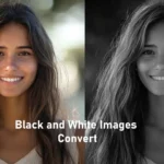 Side-by-side comparison of a color portrait and its black and white version, showcasing the effect of converting a color image to black and white.
