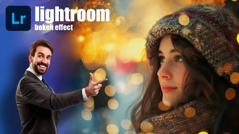 A smiling man in a suit points at a beautifully edited portrait of a woman with a bokeh effect background created in Lightroom, with the text 'Lightroom Bokeh Effect' displayed on the left side.