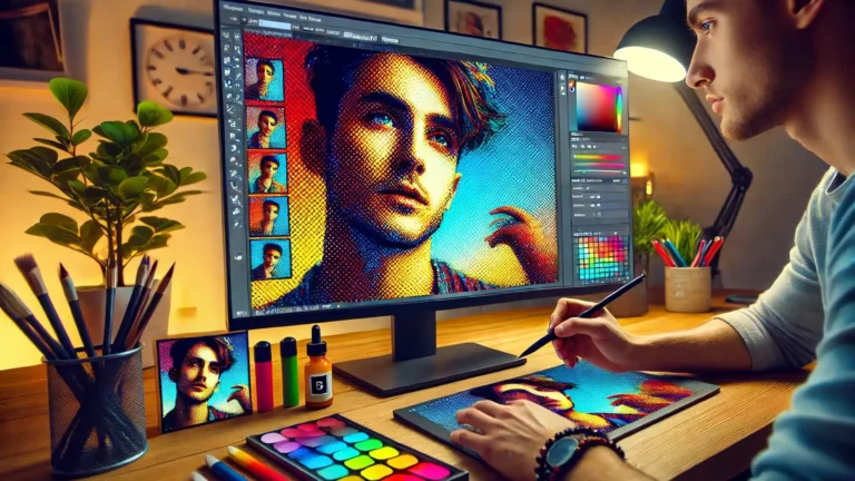 A young photographer creating a color halftone effect on a portrait photo in a vibrant, creative workspace, showcasing the dotted pattern effect in Photoshop