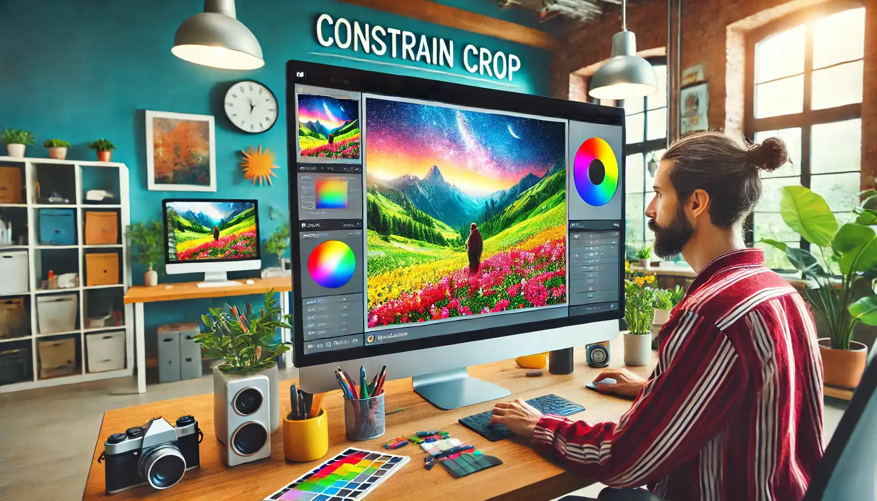 A photographer applies the constrain crop feature in Adobe Lightroom, working on a colorful landscape photo. The vibrant workspace features a modern setup, filled with creative elements like plants and art supplies, making the constrain crop process in Lightroom look user-friendly and engaging.