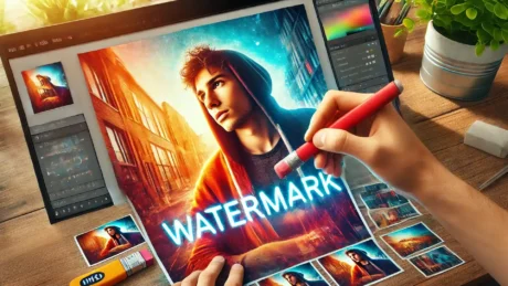 A young photographer using a real eraser to remove a copyright watermark from a vibrant and colorful photo in a creative workspace.