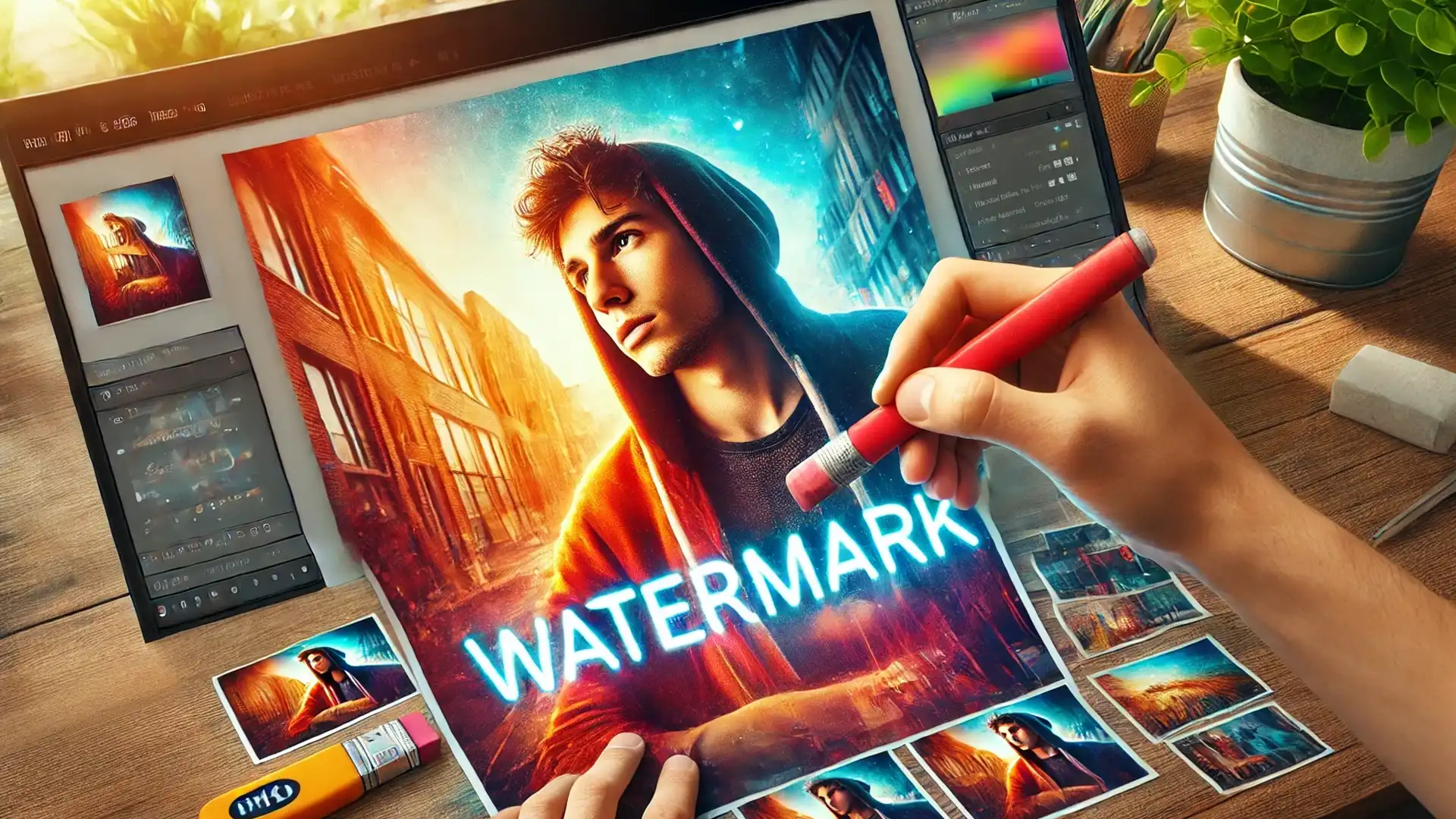 A young photographer using a real eraser to remove a copyright watermark from a vibrant and colorful photo in a creative workspace.