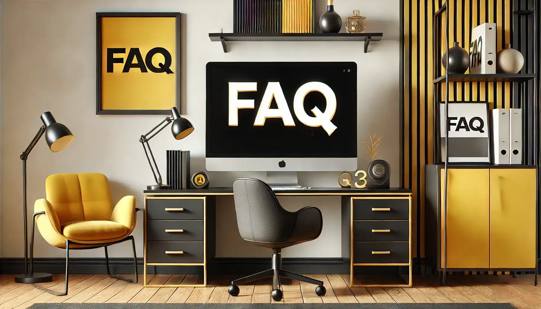 A modern desktop PC in a stylish home office with 'FAQ' displayed on the monitor.