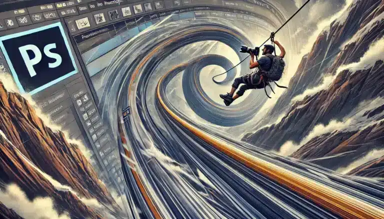 Illustration of a photographer zip-lining down a curved line in Photoshop, resembling a path in a dynamic digital landscape with layers, grids, and toolbars.