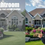 A young man smiles and points toward a before-and-after comparison of a real estate photo edited in Lightroom, showing enhanced colors and lighting in the property’s garden and exterior.