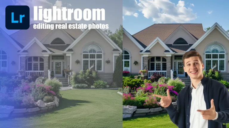 A young man smiles and points toward a before-and-after comparison of a real estate photo edited in Lightroom, showing enhanced colors and lighting in the property’s garden and exterior.