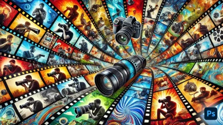 A vibrant film strips photo collage featuring multiple professional photographers holding cameras and capturing various scenes, with dynamic colors and artistic representations of photography.