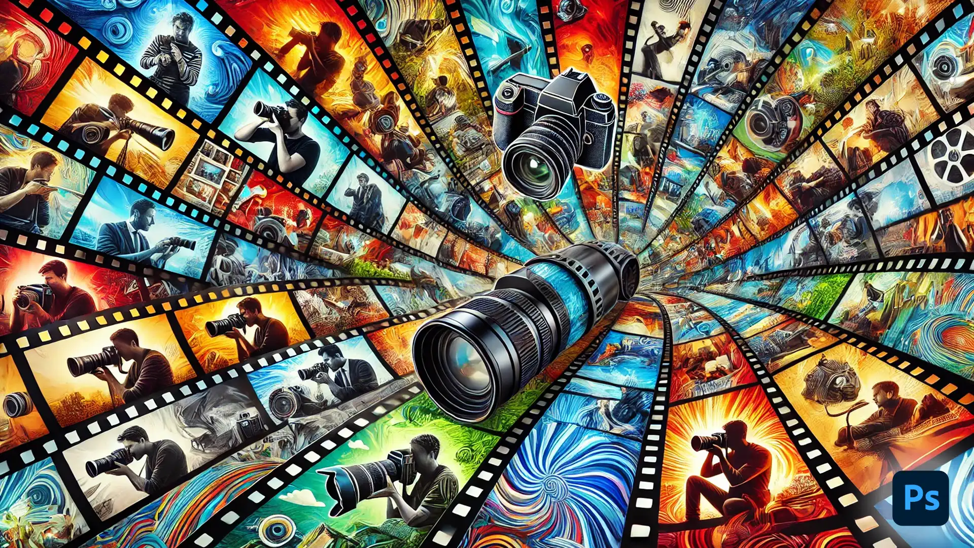 A vibrant film strips photo collage featuring multiple professional photographers holding cameras and capturing various scenes, with dynamic colors and artistic representations of photography.