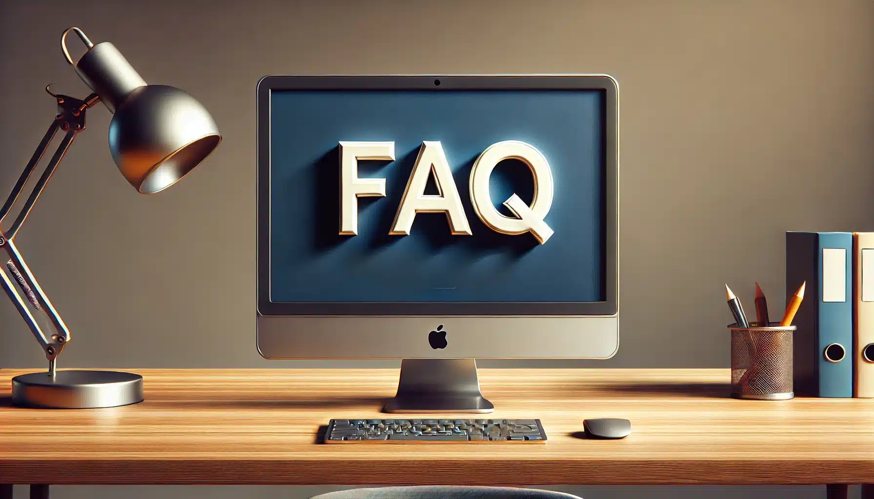 Flame text FAQ with modern desktop PC on a wooden desk with a deep blue background displayed on the monitor.