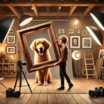 Photographer uses free crop Photoshop technique to align a Golden Retriever with a picture frame in a studio setting.