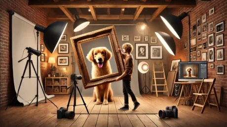 Photographer uses free crop Photoshop technique to align a Golden Retriever with a picture frame in a studio setting.