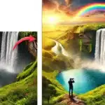 A before-and-after image showcasing Adobe Photoshop's Generative Fill feature, with a photographer capturing a stunning waterfall scene that is expanded to include more landscape and a vibrant rainbow