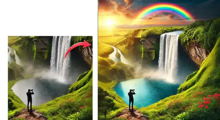 A before-and-after image showcasing Adobe Photoshop's Generative Fill feature, with a photographer capturing a stunning waterfall scene that is expanded to include more landscape and a vibrant rainbow