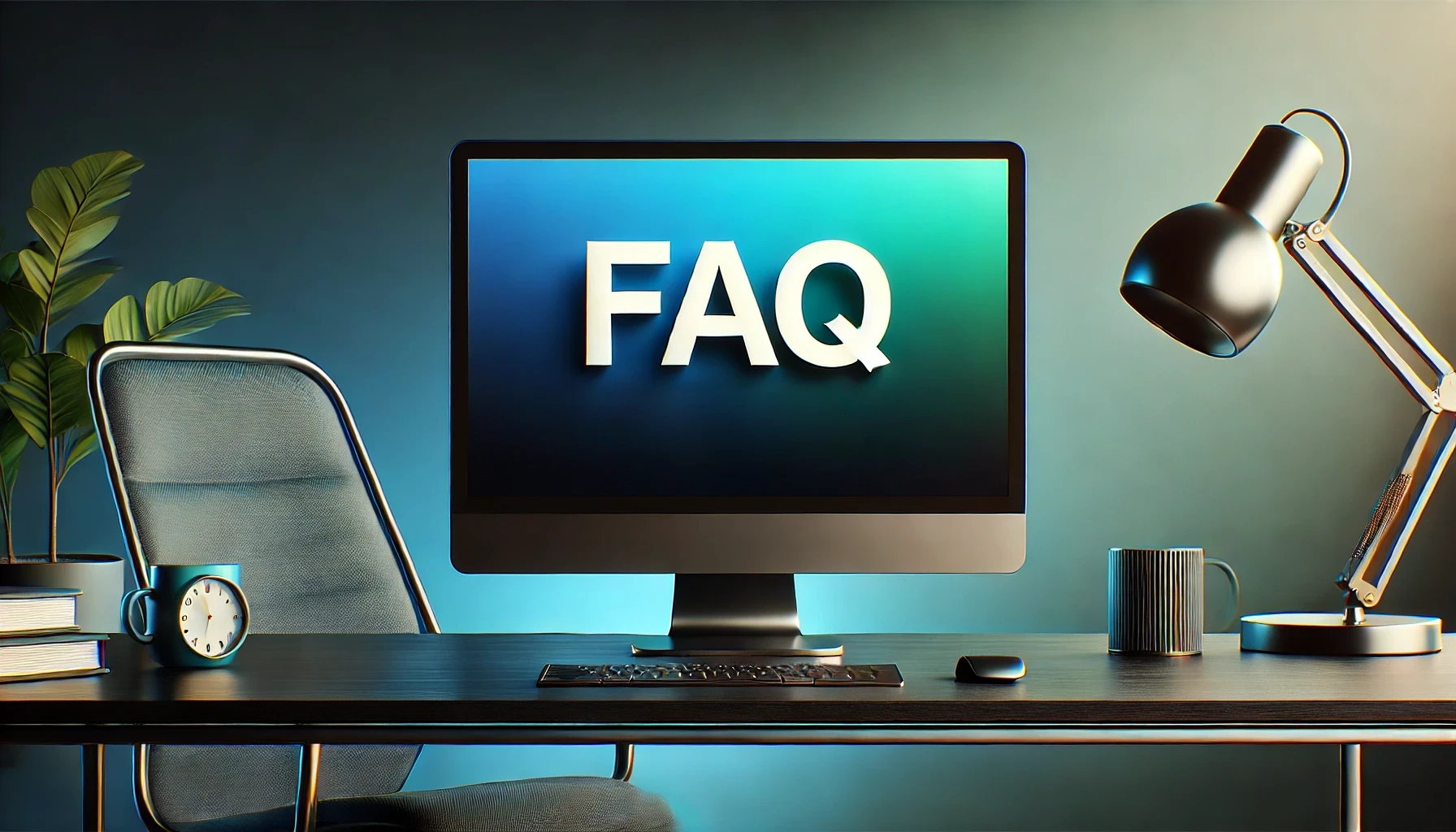 A desktop computer monitor in a modern office setting displaying the word "FAQ" in large, bold letters on a cyan and dark blue gradient background.