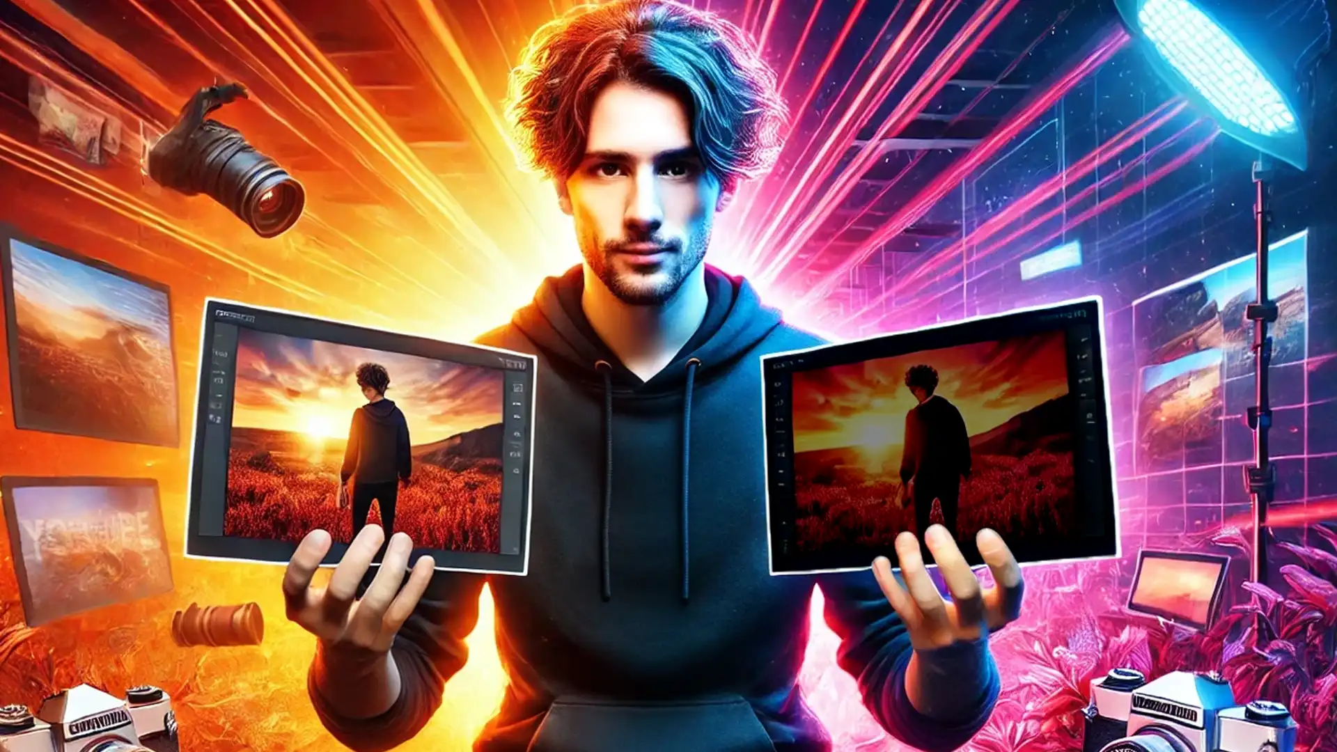 A young photographer holding two identical photos, one bright and one dark, symbolizing the process of adjusting brightness and darkness in Photoshop in a vibrant workspace.