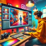 A young photographer editing a large photo for Instagram, in a colorful and vibrant studio environment, symbolizing the process of editing photos in Lightroom for Instagram.