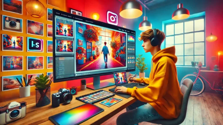 A young photographer editing a large photo for Instagram, in a colorful and vibrant studio environment, symbolizing the process of editing photos in Lightroom for Instagram.