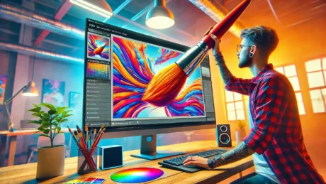 A young photographer holding a large painting brush, attempting to import it into software, symbolizing the process of how to import brushes into Lightroom, in a vibrant and colorful workspace.
