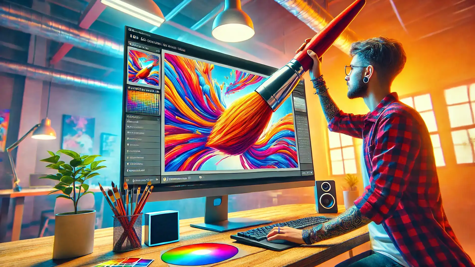 A young photographer holding a large painting brush, attempting to import it into software, symbolizing the process of how to import brushes into Lightroom, in a vibrant and colorful workspace.
